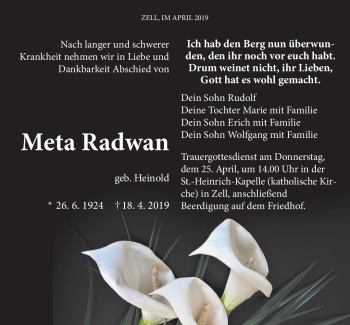 Traueranzeige von Meta Radwan von Frankenpost