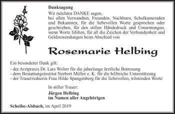 Traueranzeige von Rosemarie Helbing von Südthüringer Presse