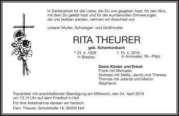 Traueranzeige von Rita Theurer von Frankenpost