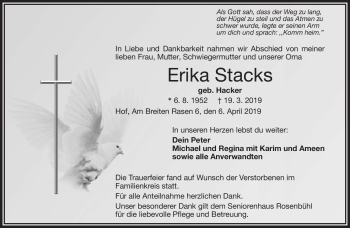 Traueranzeige von Erika Stacks von Frankenpost