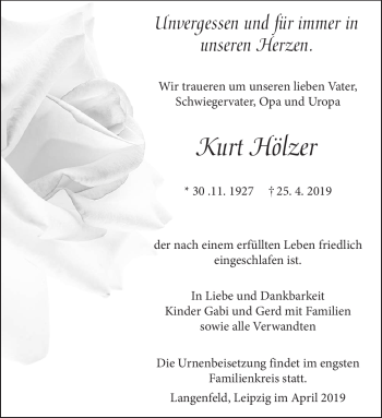 Traueranzeige von Kurt Hölzer von Südthüringer Presse