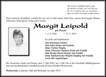 Traueranzeige von Margit Leipold von Südthüringer Presse