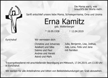 Traueranzeige von Erna Kamitz von Neue Presse Coburg