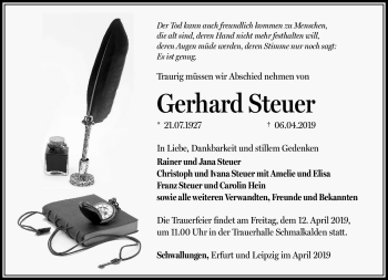 Traueranzeige von Gerhard Steuer von Südthüringer Presse