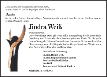 Traueranzeige von Jindra Weiß von Südthüringer Presse