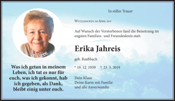 Traueranzeige von Erika Jahreis von Frankenpost