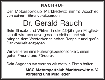 Traueranzeige von Gerald Rauch von Frankenpost
