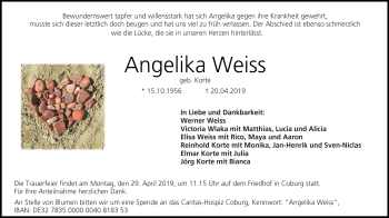 Traueranzeige von Angelika Weiss von Neue Presse Coburg