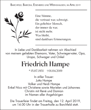 Traueranzeige von Friedrich Hampe von Südthüringer Presse