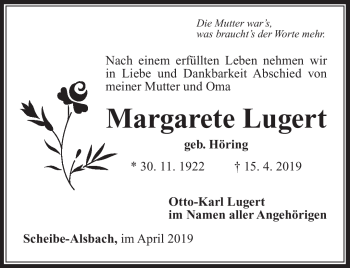 Traueranzeige von Margarete Lugert von Südthüringer Presse