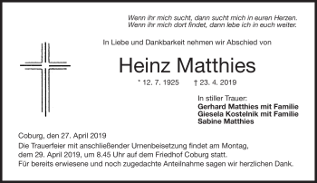 Traueranzeige von Heinz Matthies von Neue Presse Coburg