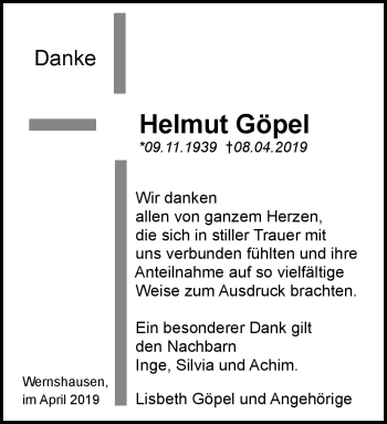 Traueranzeige von Helmut Göpel von Südthüringer Presse