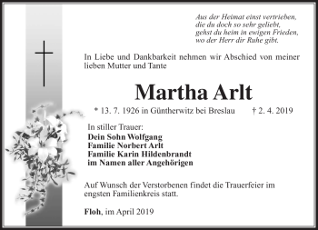 Traueranzeige von Martha Arlt von Südthüringer Presse