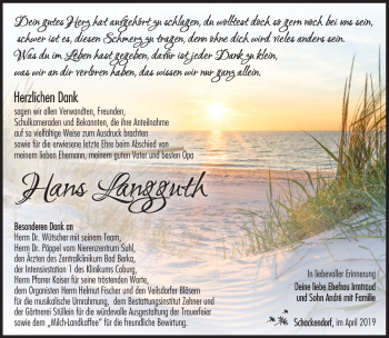 Traueranzeige von Hans Langguth von Südthüringer Presse