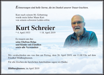 Traueranzeige von Kurt Schreier von Südthüringer Presse