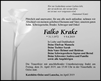 Traueranzeige von Falko Krake von Südthüringer Presse