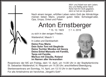 Traueranzeige von Anton Ernstberger von Frankenpost