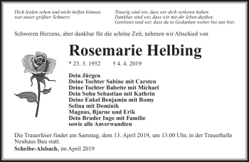 Traueranzeige von Rosemarie Helbing von Südthüringer Presse