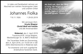 Traueranzeige von Johannes Fiolka von Neue Presse Coburg
