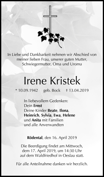 Traueranzeige von Irene Kristek von Neue Presse Coburg
