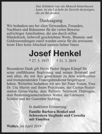 Traueranzeige von Josef Henk von Südthüringer Presse
