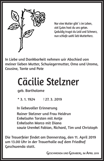 Traueranzeige von Cäcilie Stelzner von Südthüringer Presse