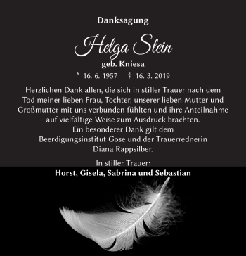 Traueranzeige von Helga Stein von Südthüringer Presse