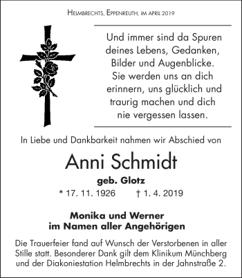 Traueranzeige von Anni Schmidt von Frankenpost