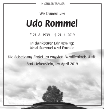 Traueranzeige von Udo Rommel von Südthüringer Presse