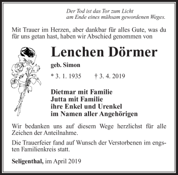 Traueranzeige von Lenchen Dörmer von Südthüringer Presse