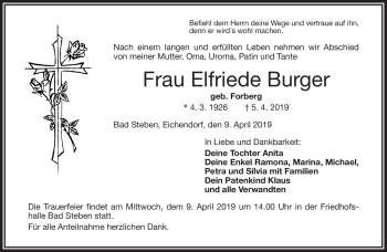 Traueranzeige von Elfriede Burger von Frankenpost