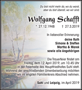 Traueranzeige von Wolfgang Schafft von Südthüringer Presse