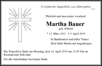 Traueranzeige von Martha Bauer von Frankenpost