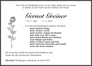 Traueranzeige von Gernot Greiner von Südthüringer Presse