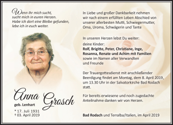 Traueranzeige von Anna Grosch von Südthüringer Presse