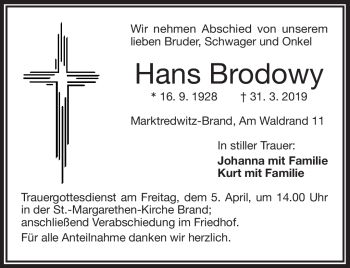 Traueranzeige von Hans Brodowy von Frankenpost