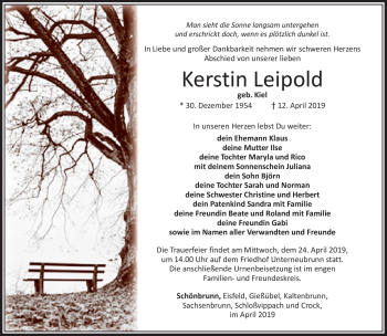 Traueranzeige von Kerstin Leipold von Südthüringer Presse
