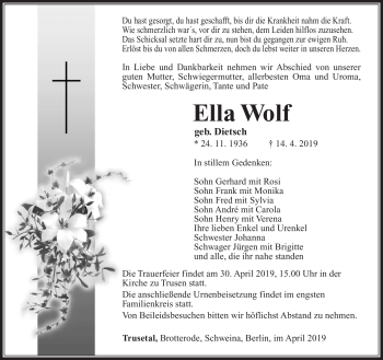 Traueranzeige von Ella Wolf von Südthüringer Presse