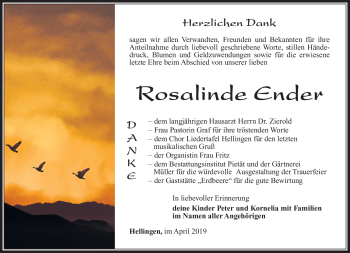 Traueranzeige von Rosalinde Ender von Südthüringer Presse