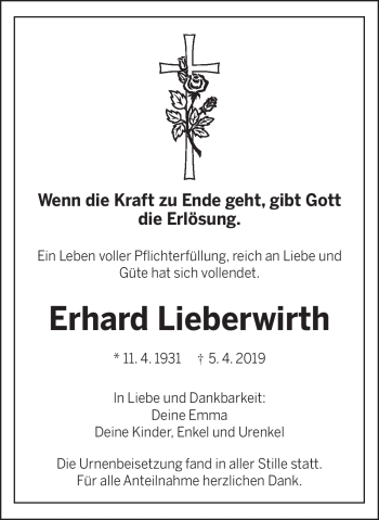 Traueranzeige von Erhard Lieberwirth von Frankenpost