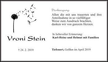 Traueranzeige von Vroni Stein von Südthüringer Presse