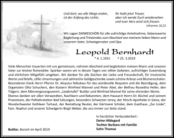 Traueranzeige von Leopold Bernhardt von Südthüringer Presse