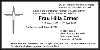 Traueranzeige von Hilla Ermer von Frankenpost