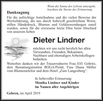 Traueranzeige von Dieter Lindner von Südthüringer Presse