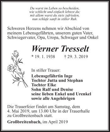 Traueranzeige von Werner Tresselt von Südthüringer Presse
