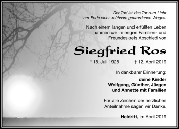 Traueranzeige von Siegfried Ros von Südthüringer Presse