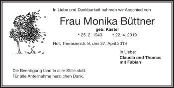Traueranzeige von Monika Büttner von Frankenpost