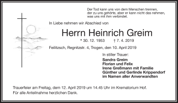 Traueranzeige von Heinrich Greim von Frankenpost