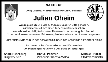 Traueranzeige von Julian Oheim von Südthüringer Presse