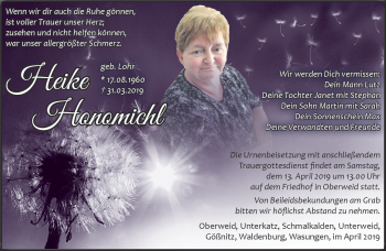 Traueranzeige von Heike Honomichl von Südthüringer Presse